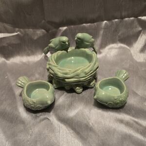 Ceramic Bird- Themed Candle Holder Set. Light Green/ Aqua